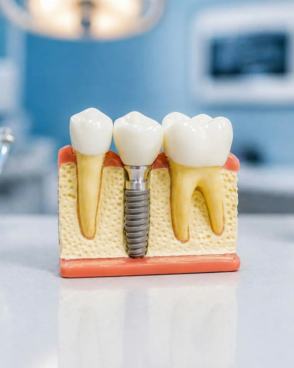 Model showing an implant between natural teeth